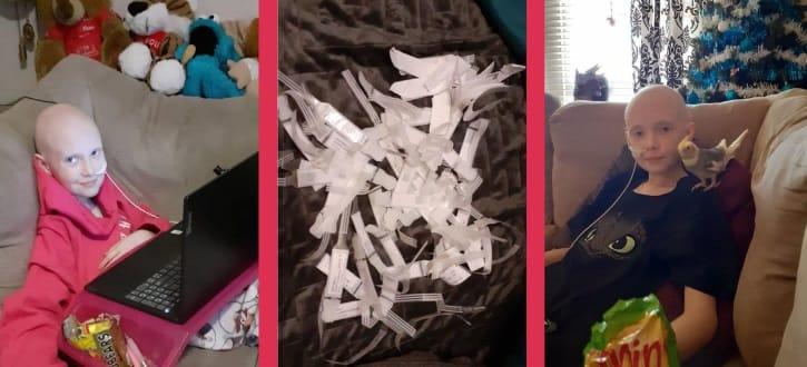 Three picture of Jaz including her many hospital bracelets